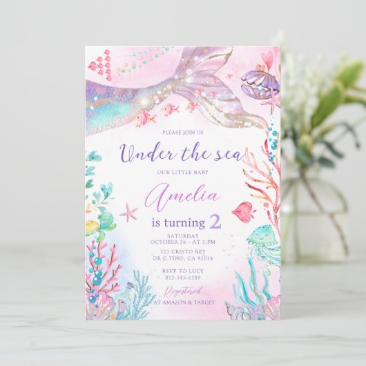 Zeemeermin Roze Paarse onder het Zee Verjaardag Kaart (Staand voorkant)