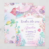 Zeemeermin Roze Paarse onder het Zee Verjaardag Kaart (Voorkant / Achterkant)