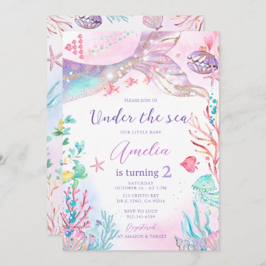 Zeemeermin Roze Paarse onder het Zee Verjaardag Kaart (Voorkant / Achterkant)