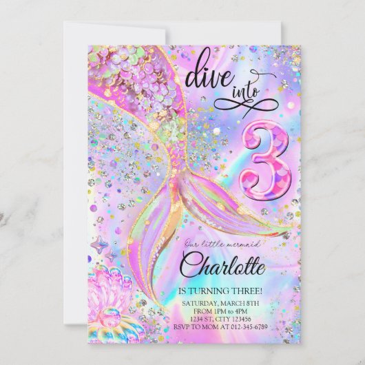 Zeemeermin Roze Paarse Verjaardag Duik in Drie Kaart (Voorkant)