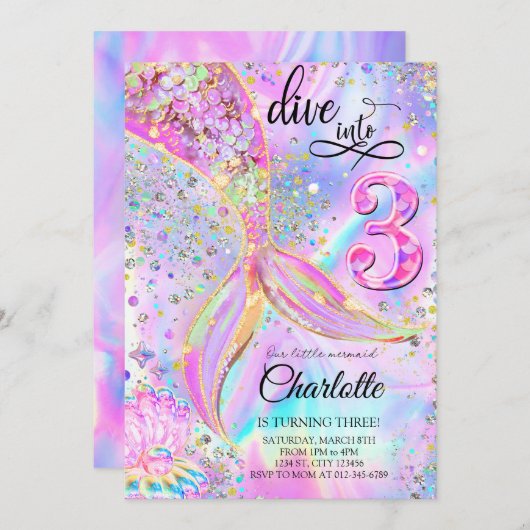 Zeemeermin Roze Paarse Verjaardag Duik in Drie Kaart (Voorkant / Achterkant)