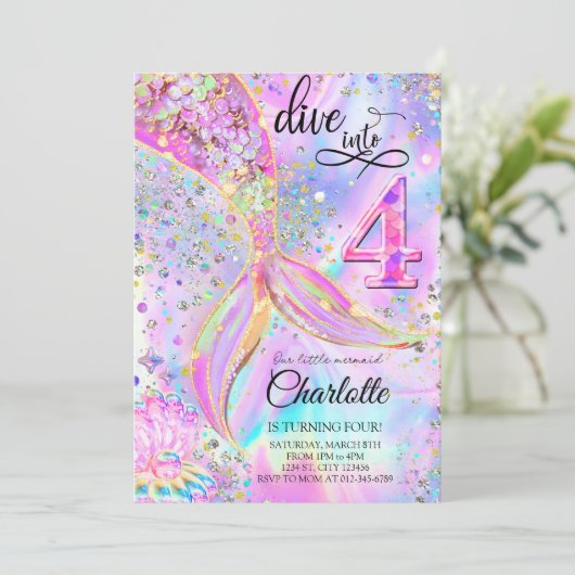 Zeemeermin Roze Paarse Verjaardag Duik in Vier Kaart (Staand voorkant)