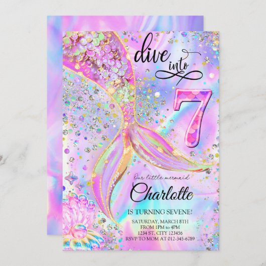 Zeemeermin Roze Paarse Verjaardag Uitnodiging (Voorkant / Achterkant)