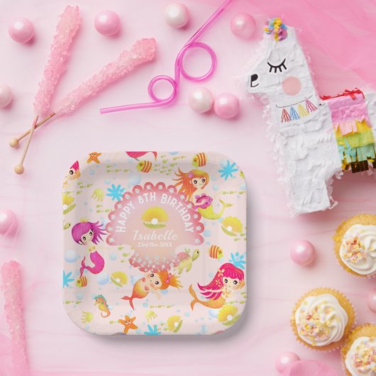Zeemeermin Roze Papieren Bordje (Feest)
