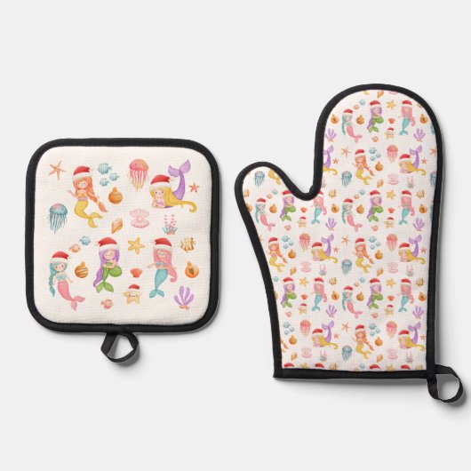 Zeemeermin Santa Pattern Ovenwant & Pannenlap Set (Voorkant)