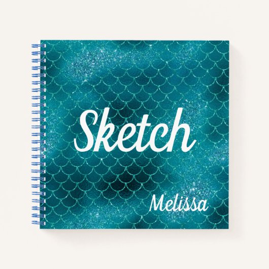 Zeemeermin Schaal Teal Glitter Monogram Schetsboek Notitieboek (Voorkant)