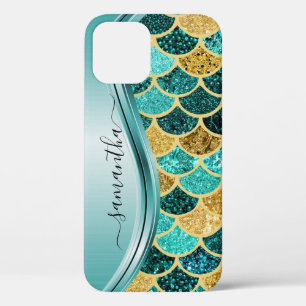 Zeemeermin Schaalt Aqua Handgeschreven Naam Gold Case-Mate iPhone Case