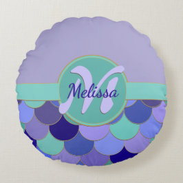 Zeemeermin Schalen Monogram + Naam Paarse & Aqua B Rond Kussen