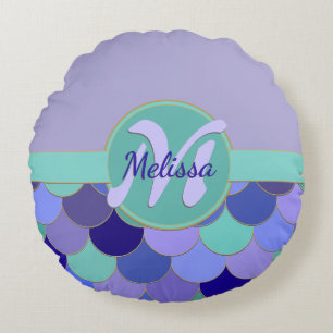Zeemeermin Schalen Monogram + Naam Paarse & Aqua B Rond Kussen