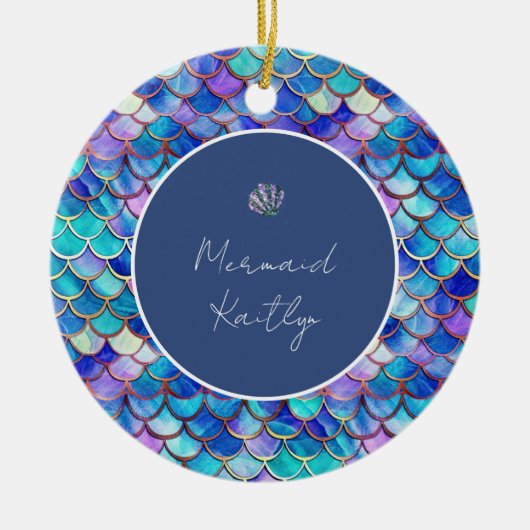 Zeemeermin Schalen Patroon Meisjes Naam Kerstmis Keramisch Ornament (Voorkant)