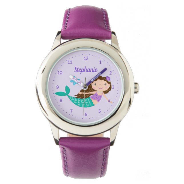 Zeemeermin Schattig Paarse Gepersonaliseerd Horloge (Voorkant)