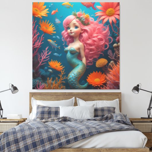 Zeemeermin schattig roze canvas afdruk (Insitu (Slaapkamer))