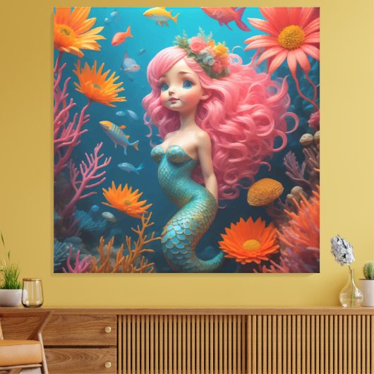 Zeemeermin schattig roze canvas afdruk (Insitu (Woonkamer))