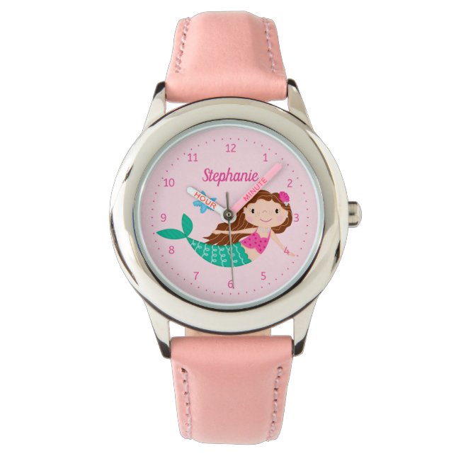 Zeemeermin schattig roze gepersonaliseerd horloge (Voorkant)