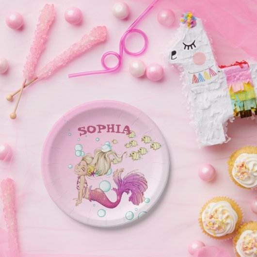 Zeemeermin Schattige roze persoonlijk roze papier  Papieren Bordje (Feest)