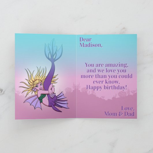 Zeemeermin Schattigee Paarse Cartoon Meisje 14e Ve Kaart (Binnen)