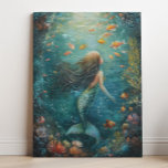 Zeemeermin schilderkunst canvas afdruk<br><div class="desc">Schattige en magisch zeemeerminschilderij toont een schattige zeemeermin die onder water zwemt met schattige oranje vissen. Originele kunst van Nicole.</div>
