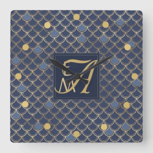 Zeemeermin Schubben Monogram Navyblauw Goud Huisde Vierkante Klok