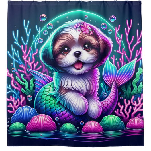 "Zeemeermin Shih Tzu Puppy - grillige fantasiekuns Douchegordijn (Voorkant)