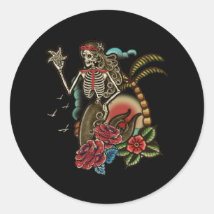 Zeemeermin Skelet Traditional Tattoo Old School Ha Ronde Sticker