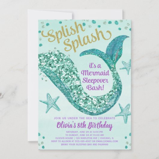 Zeemeermin sleepover verjaardagsfeestje kaart (Voorkant)