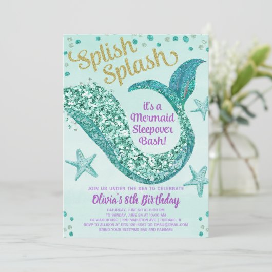 Zeemeermin sleepover verjaardagsfeestje kaart (Staand voorkant)