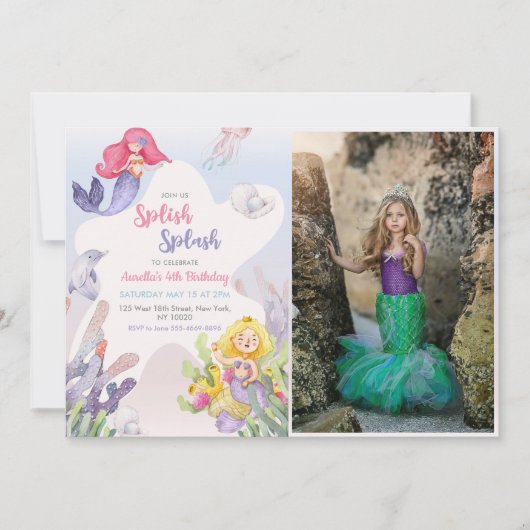Zeemeermin Splish Splash 4th Verjaardagsfeestfoto Kaart (Voorkant)