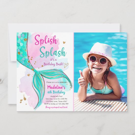 Zeemeermin Splish Splash Birthday Bash Meisje Goud Kaart (Voorkant)