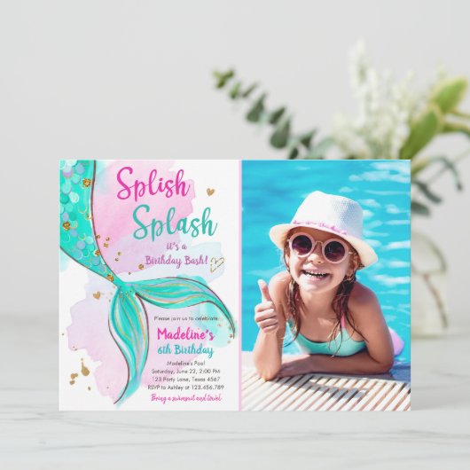 Zeemeermin Splish Splash Birthday Bash Meisje Goud Kaart (Staand voorkant)