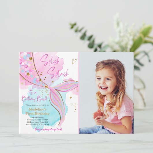 Zeemeermin Splish Zwembad Party Meisje Verjaardag Kaart (Staand voorkant)