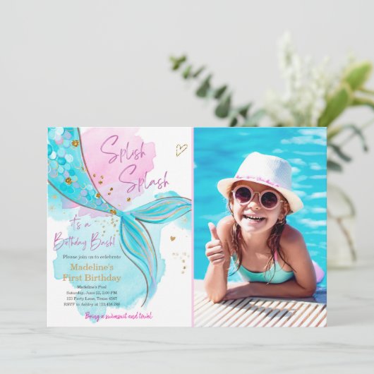 Zeemeermin Splish Zwembad Party Meisje Verjaardag  Kaart (Staand voorkant)