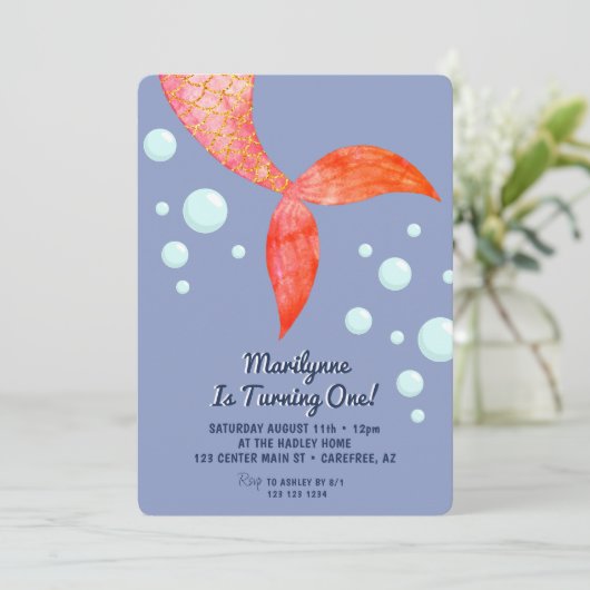 Zeemeermin staart Blauw 1e verjaardag uitnodiging (Staand voorkant)