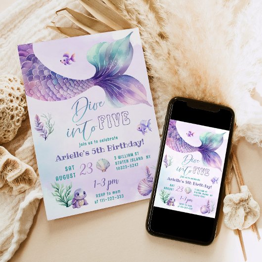 Zeemeermin staart Duik in Vijf 5e verjaardagsfeest Kaart