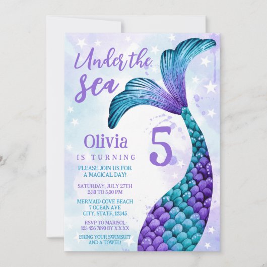 Zeemeermin staart in Paarse + Blauwgroen Waterverf Kaart (Voorkant)