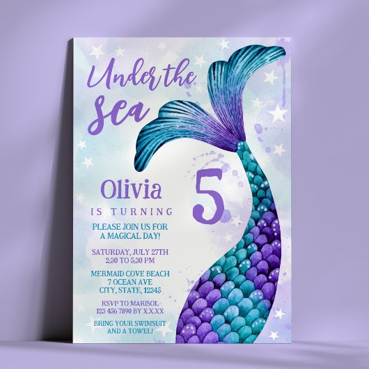 Zeemeermin staart in Paarse + Blauwgroen Waterverf Kaart