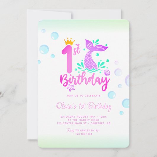 Zeemeermin Staart Leuke Waterverf 1e Verjaardag Kaart (Voorkant)