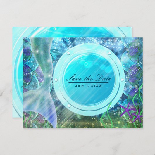 Zeemeermin Staart Magie Onder het Zee Save the Dat Aankondigingskaart (Voorkant / Achterkant)