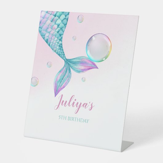 Zeemeermin Staart met bubbels Verjaardag Reclamebord Met Voetstuk (Voorkant)
