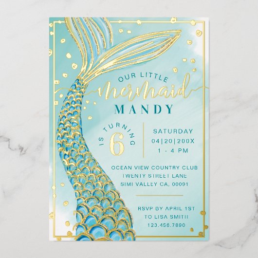 Zeemeermin Staart Onder het Zee Aqua & Gold Verjaa Folie Uitnodiging (Voorkant)