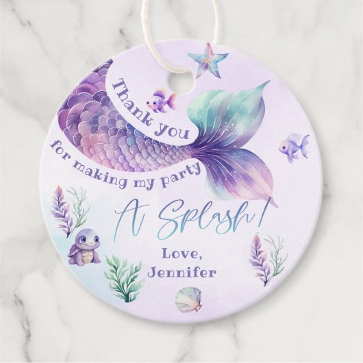Zeemeermin staart paarse verjaardag dank u bedankjes labels (Voorkant)