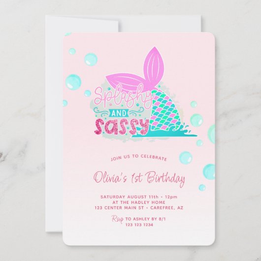 Zeemeermin Staart Roze Regenboog 1e Verjaardag Kaart (Voorkant)