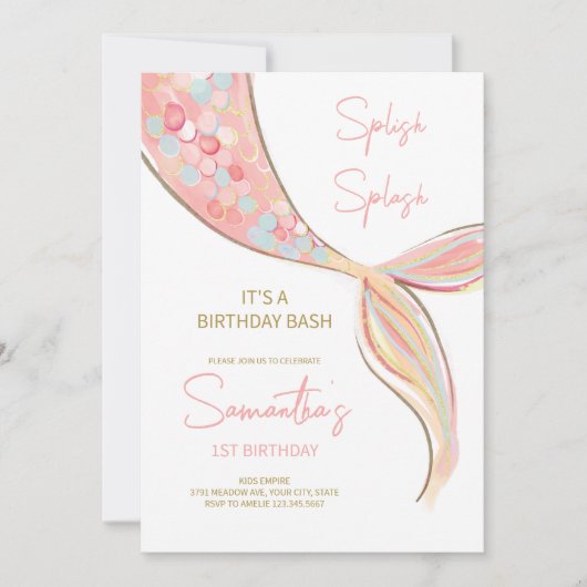 Zeemeermin staart thema Verjaardag uitnodiging (Voorkant)