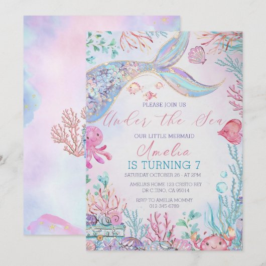Zeemeermin Staart Verjaardag Uitnodiging Zeemeermi (Voorkant / Achterkant)