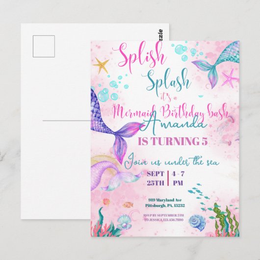 Zeemeermin staart Waterverf Verjaardag Onder de Ze Briefkaart (Voorkant / Achterkant)