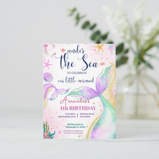 Zeemeermin staart Waterverf Verjaardag Onder de Ze Briefkaart (Staand voorkant)