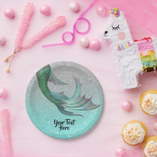 Zeemeermin Staart Zilver Blauwgroen Glitter Gepers Papieren Bordje (Feest)