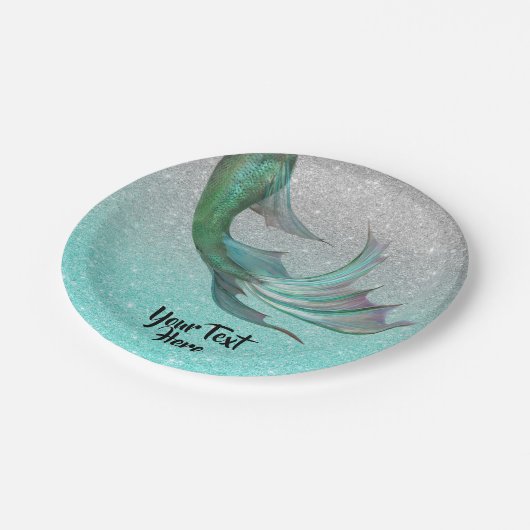 Zeemeermin Staart Zilver Blauwgroen Glitter Gepers Papieren Bordje (Gekanteld)