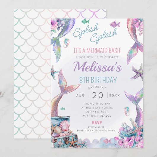 Zeemeermin Staarten Verjaardagsfeest Nodig Splish  Kaart (Voorkant / Achterkant)