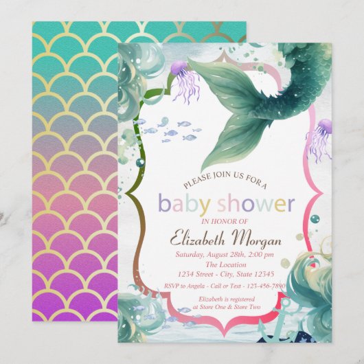 Zeemeermin staartschalen Baby shower uitnodiging (Voorkant / Achterkant)