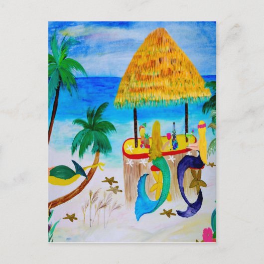 Zeemeermin Strand Tiki Bar Kunst Briefkaart (Voorkant)